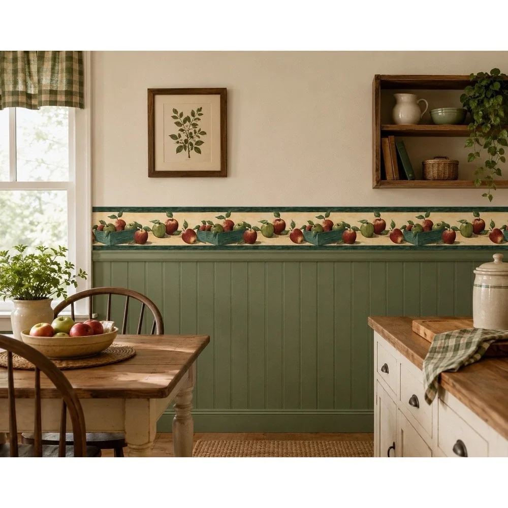 VTG Red Green Apples Fruit Crate Kitchen Country Wallpaper Border 8.6" Imperial - Picture 1 of 4